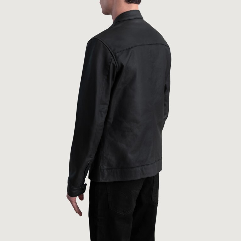 Mens Zen Matte Black Leather Biker Jacket Tilted Back-8-1724073731981